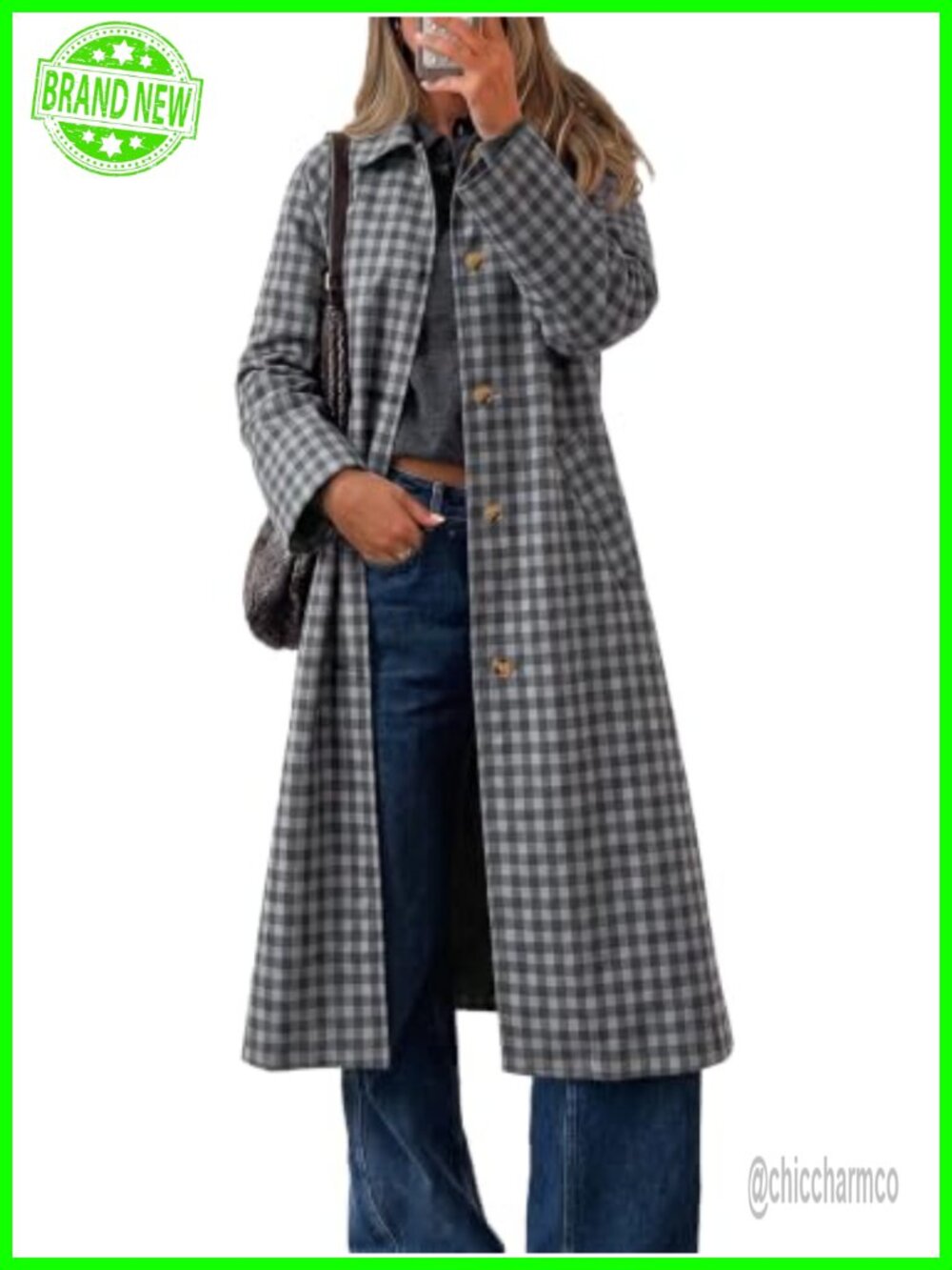 Plaid Trench Coat Lapel Single Breasted Long Jacket Fall